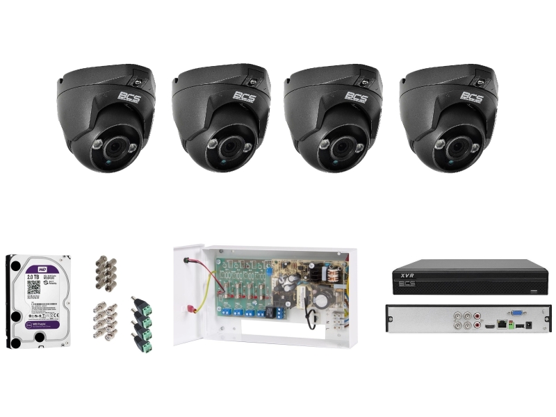 BCS-DMQE1200IR3 analogowy kompletny zestaw  na 4 kamery BCS 2Mpx Rejestrator zasilacz dysk akcesoria. Idealny do monitoringu parkingu biura firmy.